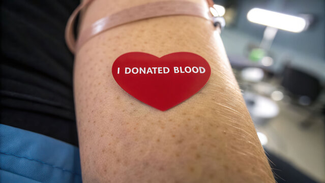 Blood donor day sticker on arm after donation, red heart label, medical band, volunteer support, clinic care, community help