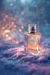 A glass perfume bottle sits on a snowy surface. Soft, colorful lights create a dreamy atmosphere. Snowflakes gently fall around the bottle.