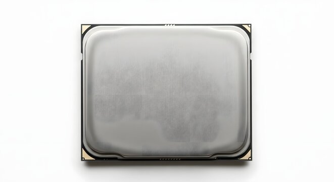 A close up shot of a rectangular electronic component on a white background in studio lighting