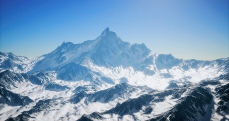 Towering snow capped mountains dominate the landscape, their rugged peaks glistening under a bright blue sky. The serene atmosphere invites exploration and adventure.