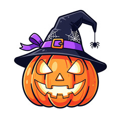Spooky Halloween Jack-o'-lantern cartoon with a glowing evil face. The carved pumpkin wears a black witch hat with a purple ribbon and a dangling spider. Vector illustration isolated on white.