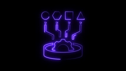 Abstract neon geometric shapes processing data into gear mechanism digital transformation concept glowing purple - Powered by Adobe
