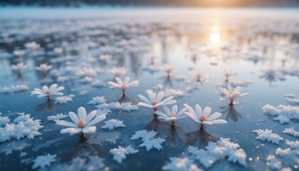  delicate frost flowers forming on a frozen pond surface in the soft glow of morning
