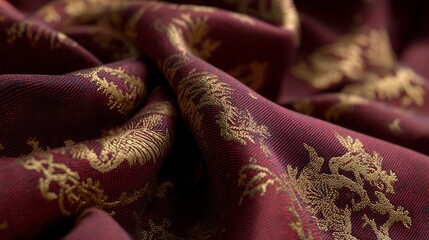 Rich burgundy fabric with intricate gold embroidery. The texture is soft and luxurious, showcasing detailed patterns that add elegance to any design.