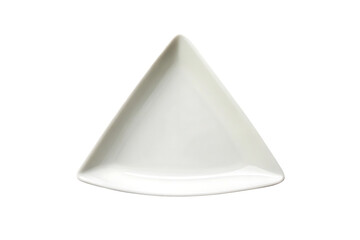 Modern white ceramic triangular plate with raised edges and clean geometric design lines, isolated on a transparent background