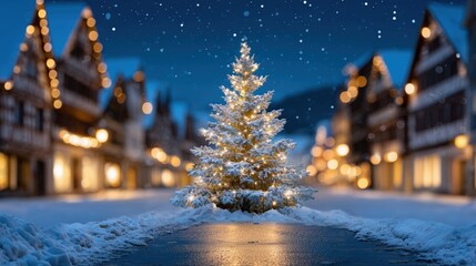 Naklejka premium Magical Christmas tree glowing amidst falling snow in a festive winter town square at night