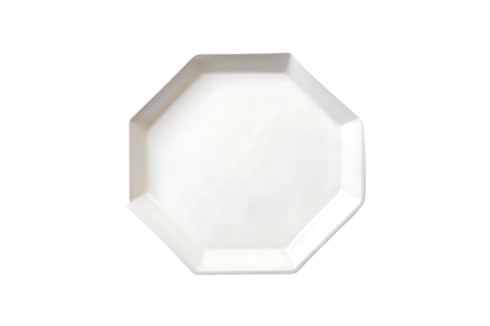 White octagonal ceramic plate with raised rim edges, clean minimalist design, elegant tableware piece, isolated on a transparent background