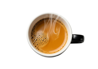 A freshly brewed cup of coffee emits steam, creating a cozy atmosphere.