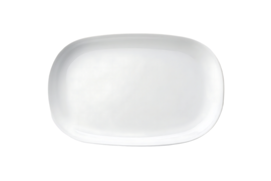 White rounded rectangular ceramic platter with soft corners, contemporary minimalist serving dish design, isolated on a transparent background
