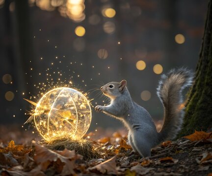 a squirrel interacts with glowing orb in autumn forest