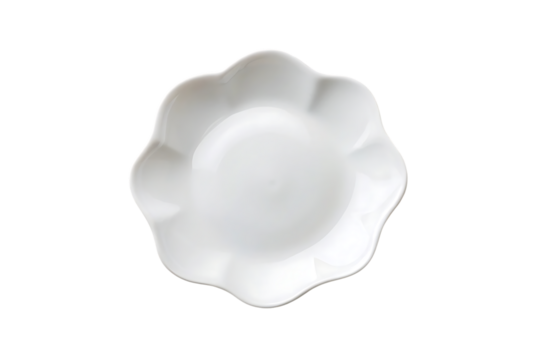 White porcelain floral-shaped dish with scalloped wavy edges and shallow depth for serving, isolated on a transparent background