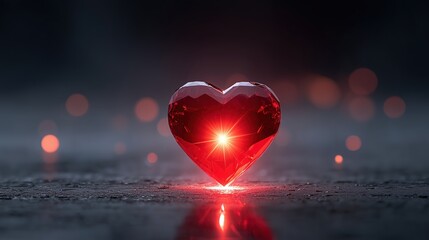 Radiant Red Crystal Heart Glowing on Dark Surface with Bokeh Lights