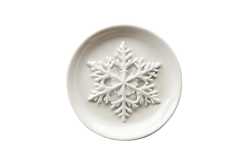 White ceramic round plate with raised snowflake ornament detail in center for winter holiday decoration, isolated on a transparent background