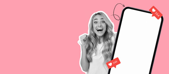 A joyful person smiles widely while holding their fist up in excitement. They are next to a smartphone displaying notifications, set against a vibrant pink background.