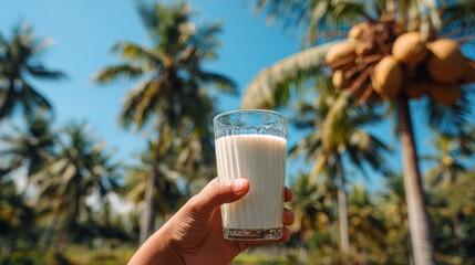 A hand holds a glass of coconut milk against a backdrop of palm trees and a clear blue sky. The scene conveys a tropical and refreshing atmosphere.