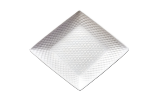 White diamond-shaped ceramic plate with geometric crosshatch textured pattern and raised surface, isolated on a transparent background