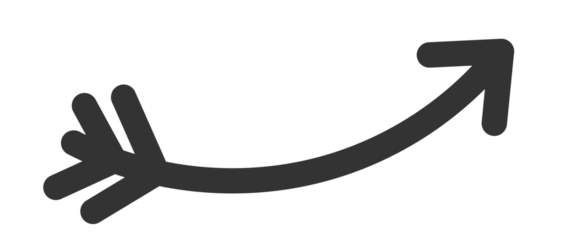 Hand-drawn curved arrow with tail for emphasis marks, notes, scrapbook elements, and graphic design overlays