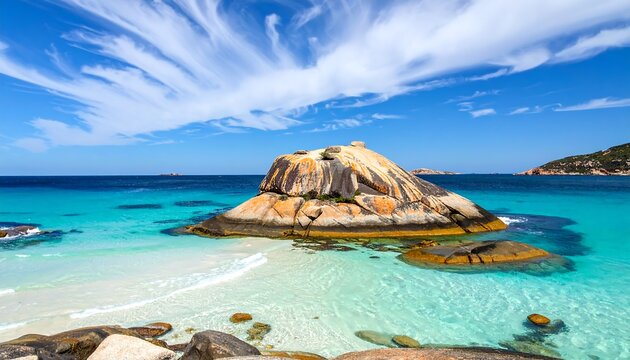 Stunning coastal scene with clear turquoise water, a sandy shore, and a large boulder under a bright, swirling sky - Powered by Adobe