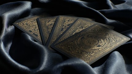 A set of ornate tarot cards displayed on a dark, silky fabric. 
