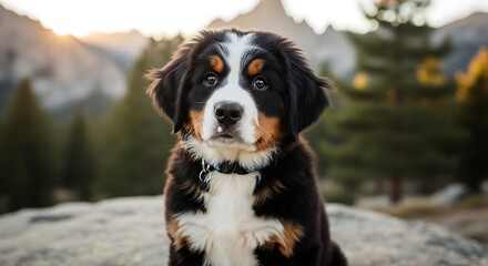 a bernese mountain dog sitting outdoors with scenic mountains background