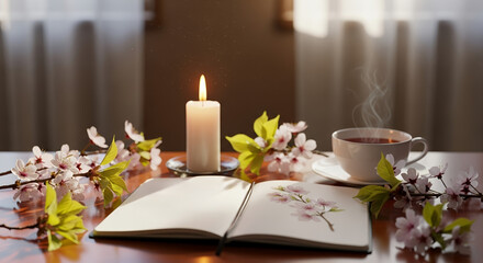 Cozy coffee cup with candle and open notebook surrounded by flowers  