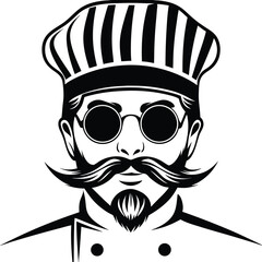 Striking chef portrait showcases classic mustache, chef's hat, and dark sunglasses in monochrome