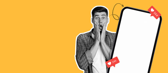 In a vibrant collage, a young man expresses shock and excitement while looking at a blank smartphone. Engagement icons float around him, highlighting social media activity.