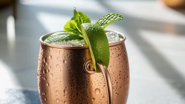 Chilled moscow mule copper mug with lime wedge, mint leaves, and crushed ice bright bar counter, fresh inviting with condensation droplets copper mug