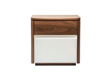 Elegant nightstand with a modern design isolated on transparent background, featuring a combination of wood and white drawer, ideal for bedroom decor