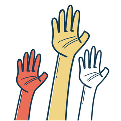 Obraz premium Three diverse hands raised in the air with different colors