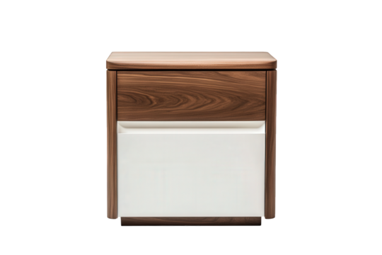 Elegant nightstand with a modern design isolated on transparent background, featuring a combination of wood and white drawer, ideal for bedroom decor