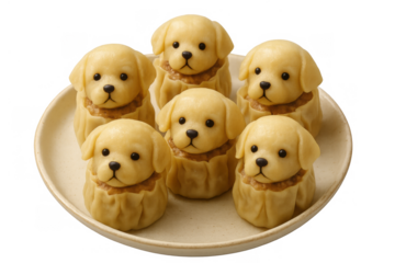 Cute puppy dog shaped dumplings on a plate with transparent background, asian food art, kawaii dim sum dessert