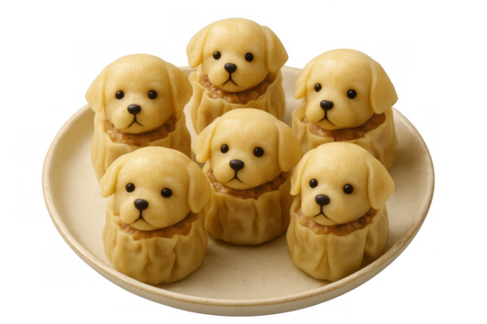 Cute puppy dog shaped dumplings on a plate with transparent background, asian food art, kawaii dim sum dessert