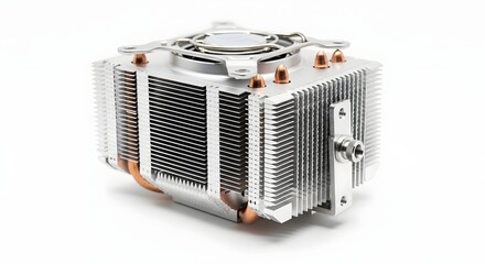 Fototapeta premium A detailed view of a silver cpu cooler with copper heat pipes on a clean white background surface area