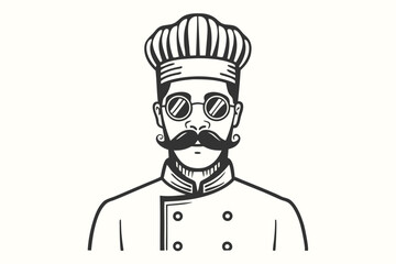 Line art shows chef with large mustache, chef hat, and stylish sunglasses
