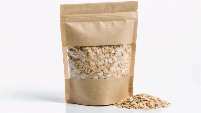Oatmeal package stand up pouch kraft paper bag food storage with clear window rolled oats healthy breakfast pantry staple natural color minimal style