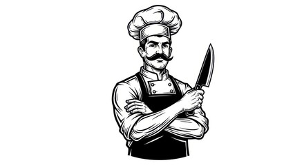 Vintage Head Chef with Mustache Holding Knife Vector Illustration
