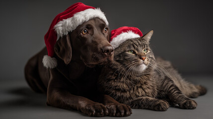 a photorealistic labrador and maine coon cat in Santa hats, dog with paw gently on cat's back, best friends pose, isolated light gray background, shot from slightly above, emotional storytelling