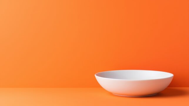 A simple white bowl is positioned on a vibrant orange background, creating a striking contrast that highlights minimalism and color.