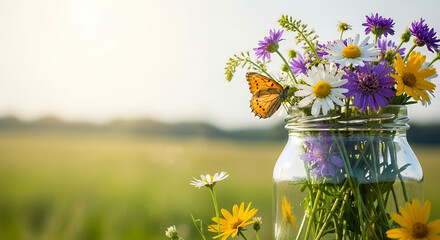 Fototapeta premium Colorful wildflowers in a jar with butterfly in sunny meadow 