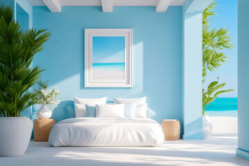 Beach themed bedroom with mockup frame and soothing blue tones