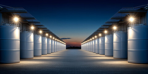 Innovative battery technology breakthroughs at renewable energy storage facility industrial landscape evening viewpoint