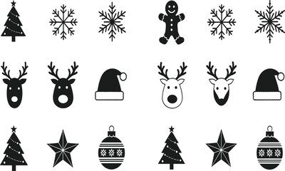 Christmas holiday icons, snowflakes, Santa hat, reindeer face, gingerbread man, tree, ornament, star, festive vector set, winter, silhouette
