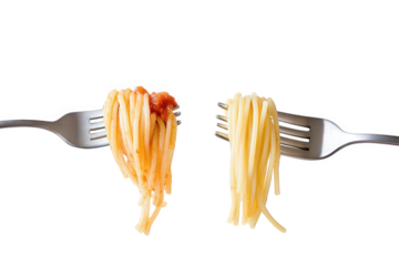 Two forks holding spaghetti, one with tomato sauce and one without, isolated on transparent background, showcasing a simple yet classic pasta dish comparison