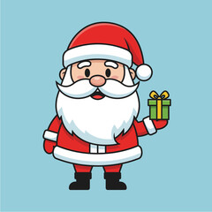 Cartoon Santa Claus holding a small green gift box with a yellow ribbon.