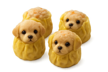Puppy dog character dumplings with cute faces for creative food presentation and funny meal concepts