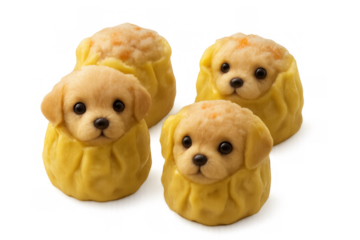 Puppy dog character dumplings with cute faces for creative food presentation and funny meal concepts