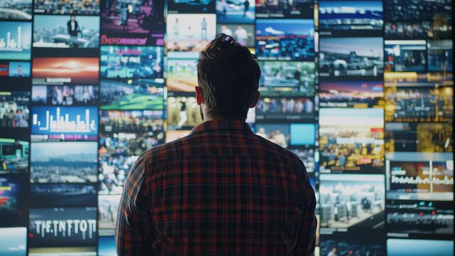 Man viewing digital display wall of multimedia content and data visualizations
