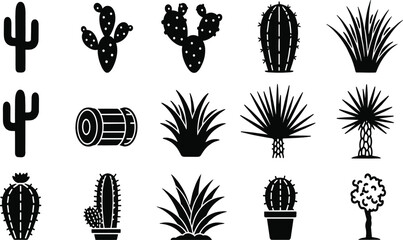 Desert cactus silhouette icons, agave, prickly pear, potted plants, vector set, black shapes, nature, minimal, tropical, western, flora