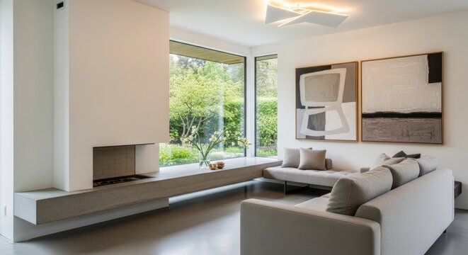 Architectural interest created by cantilevered hearth and linen sofa